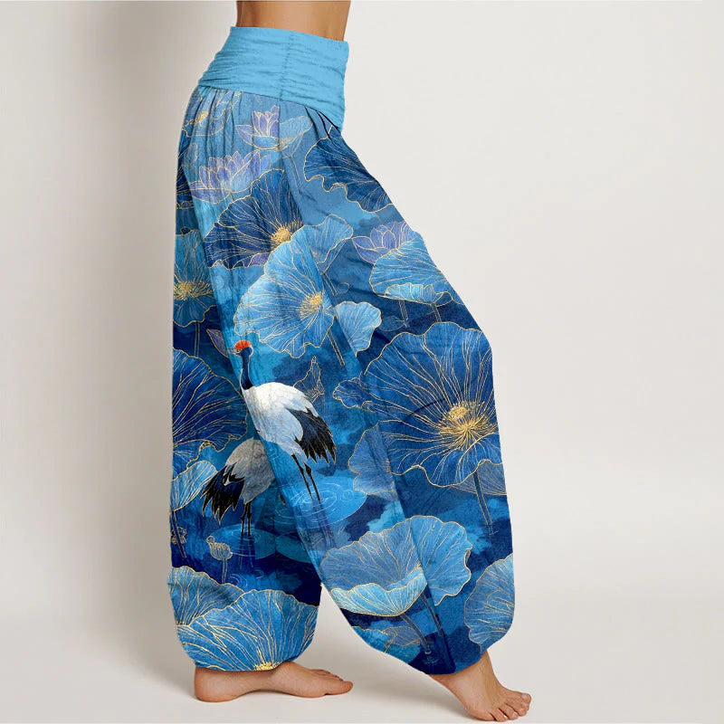 Buddha Stones Pure Cotton Elegant Crane Lotus Flower Leaf Pattern Women's Elastic Waist Harem Pants