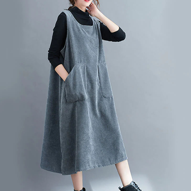 Buddha Stones Commute Crew Neck Women's Sleeveless Cotton Corduroy Midi Dress With Pockets