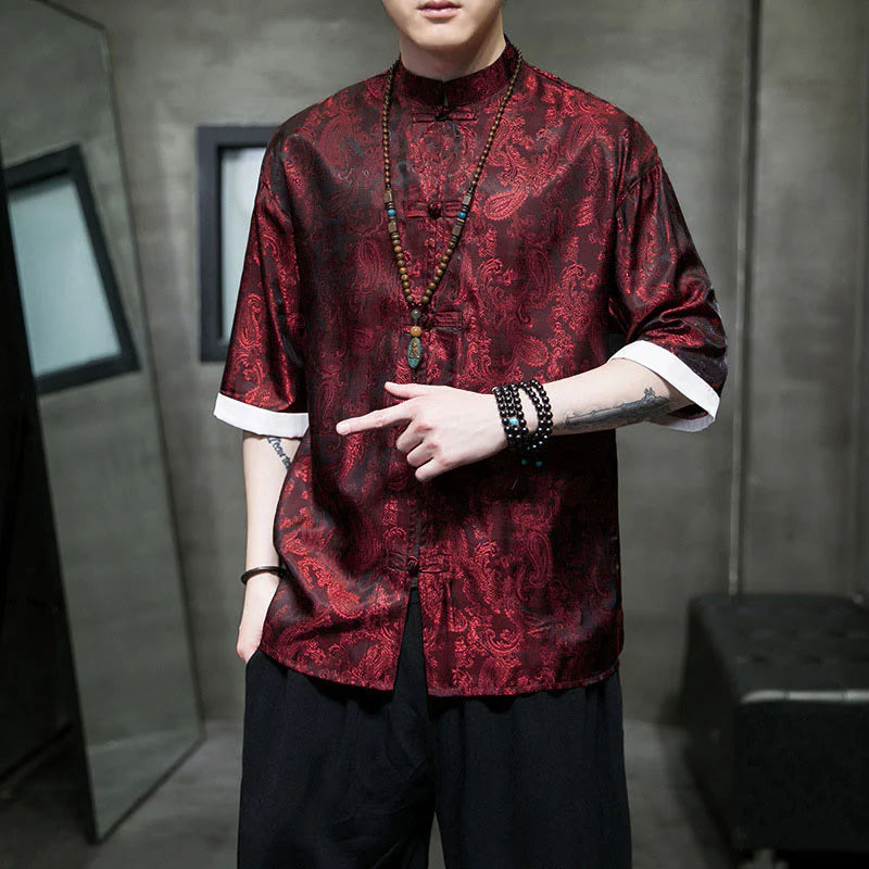 Buddha Stones Summer Cashew Flowers Pattern Men's Frog-Button Half Sleeve Shirts