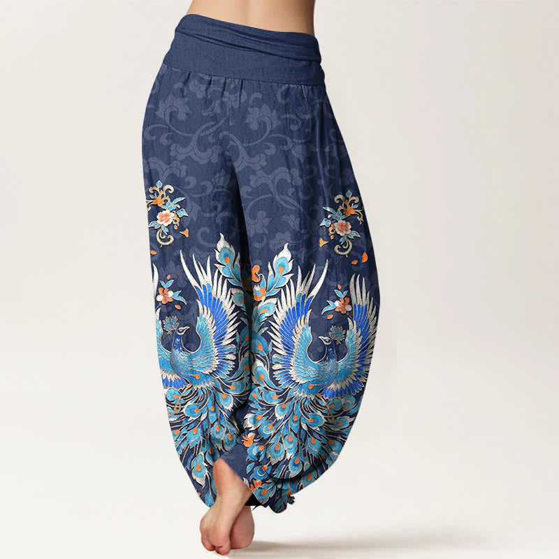 Buddha Stones Cotton Phoenix Peach Blossom Pattern Women's Elastic Waist Harem Pants