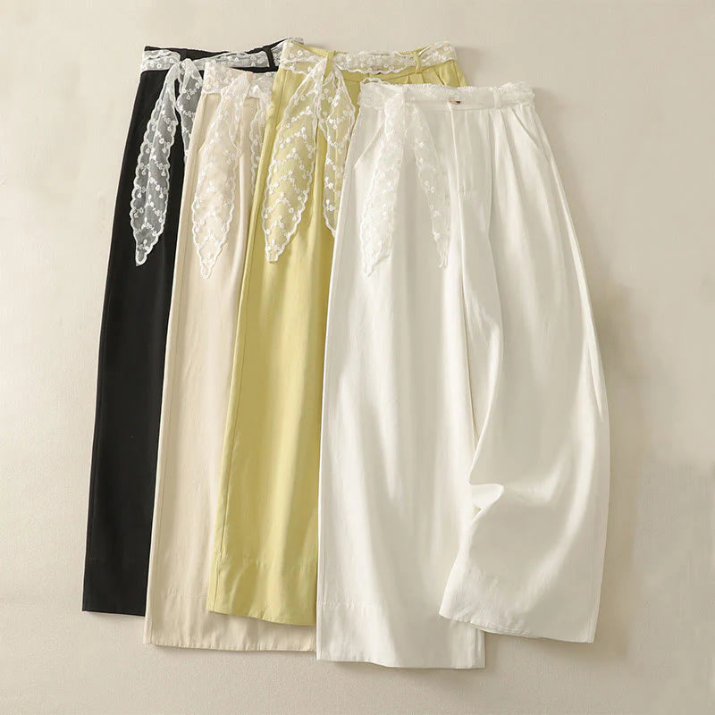 Buddha Stones Daily Solid Color Lace Belt Women's Wide Leg Cotton Pants With Pockets