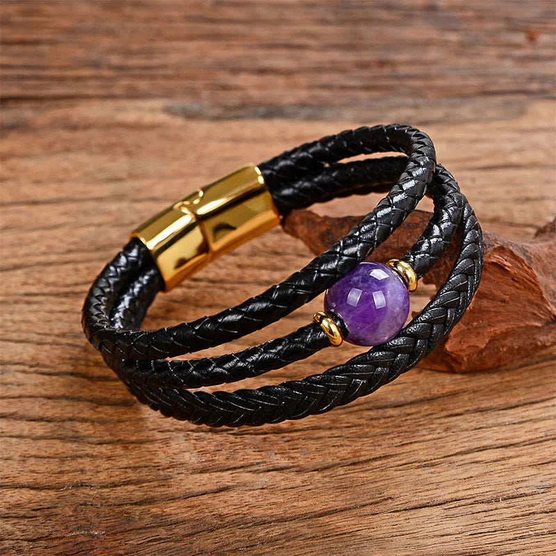 Buddha Stones Multicolored Bead Green Tiger Eye Amethyst Craved Six True Words Leather Balance Bracelet