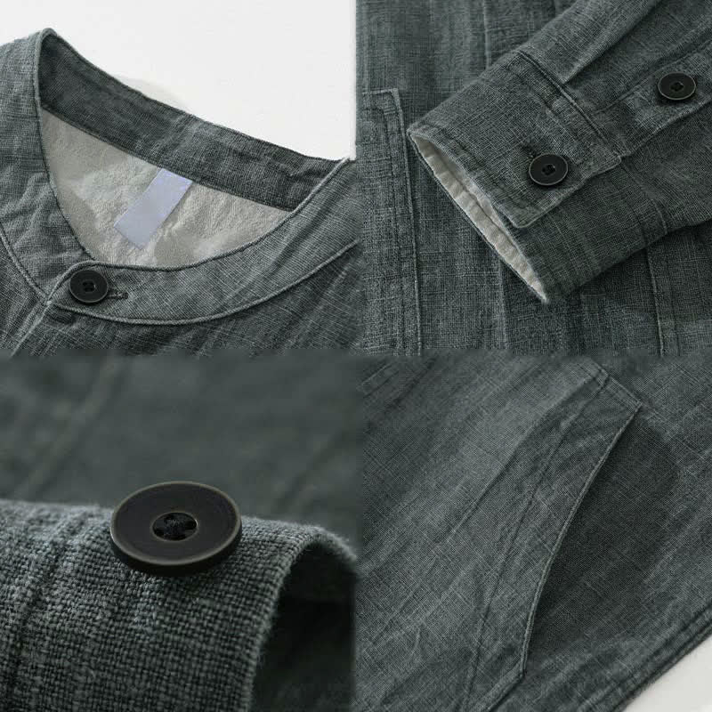 Buddha Stones Fall Plain Long Sleeve Buttons Design Men's Ramie Linen Cotton Shirts With Pocket