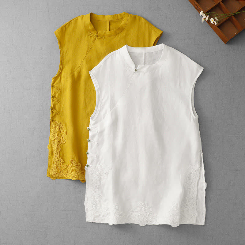 Buddha Stones Chinese Frog-Button Lace Patchwork Design Stand Collar Women's Cotton Sleeveless Vest