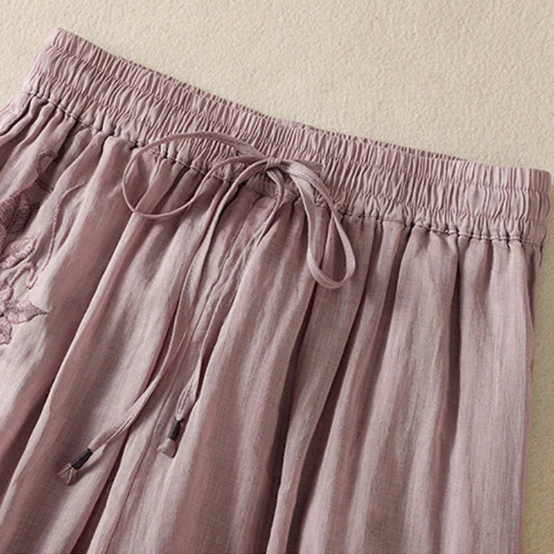 Buddha Stones Commute Embroidery Drawstring Women's Cotton Wide Leg Pants With Pockets