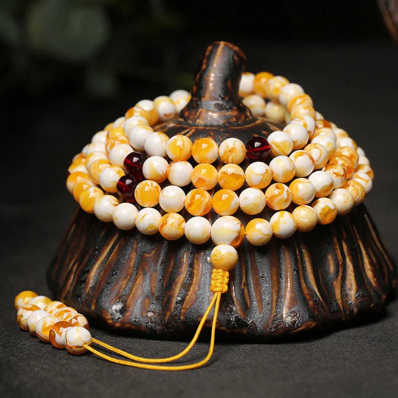 FREE Today: Focus and Spiritual Practice Tibetan White Yellow 108 Beads Amber Mala