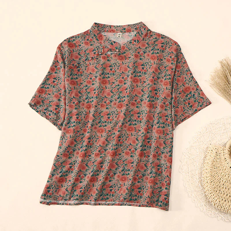 Buddha Stones Summer  Frog-Button Stand Collar Short Sleeve Flower Pattern Women's Cotton Shirt