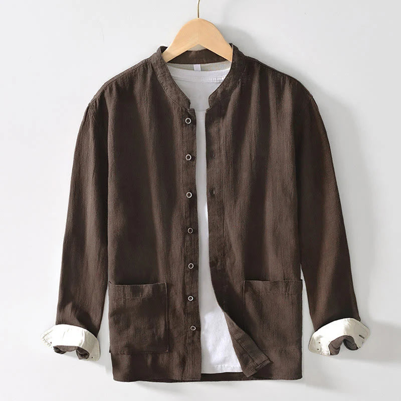 Buddha Stones Solid Color Men's Buttons Long Sleeve Cotton Linen Shirt With Pockets