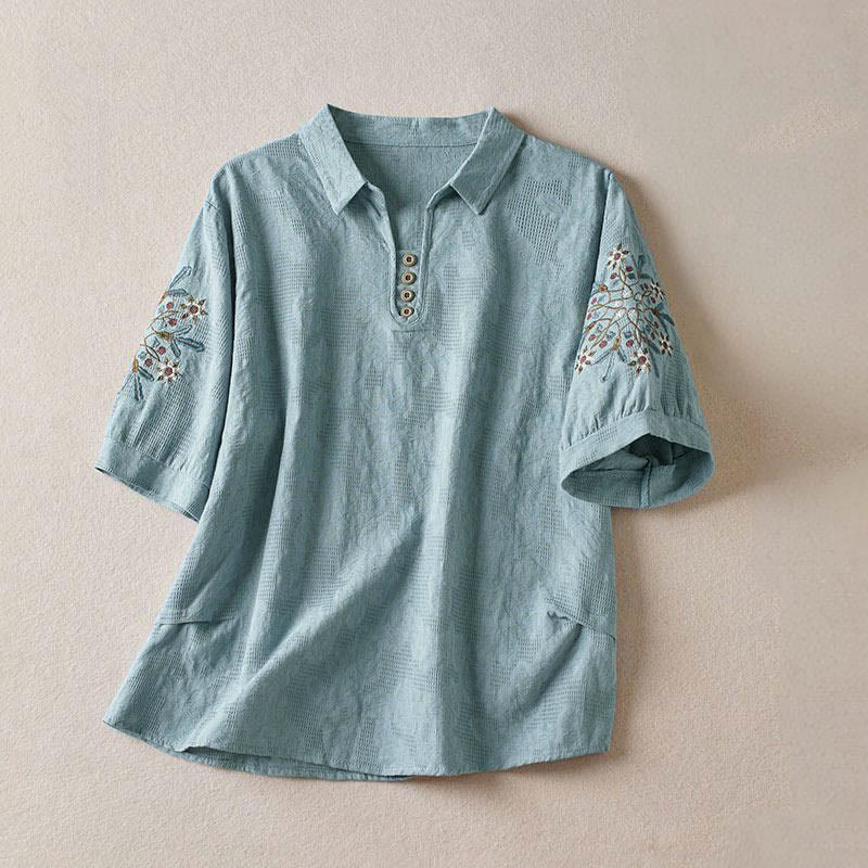 Buddha Stones Casual Floral Pattern Lapel Women's Cotton T-shirt