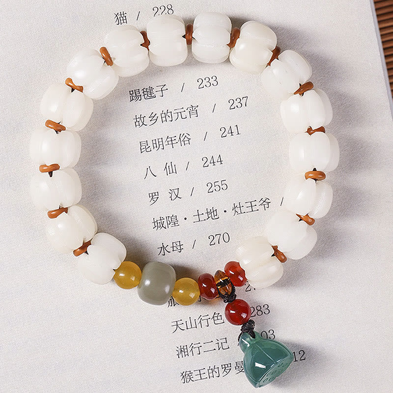 Buddha Stones Natural Bodhi Seed Red Agate Bodhi Calm Harmony Engraved Pumpkin Bead Lotus Bracelet