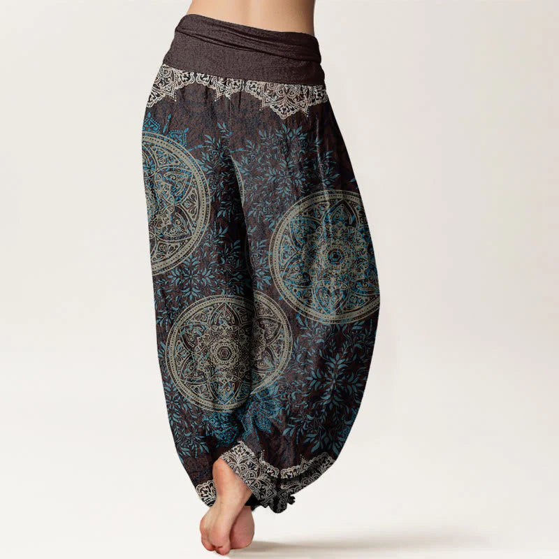 Buddha Stones Cotton Mandala Pattern Leaves Women's Elastic Waist Harem Pants