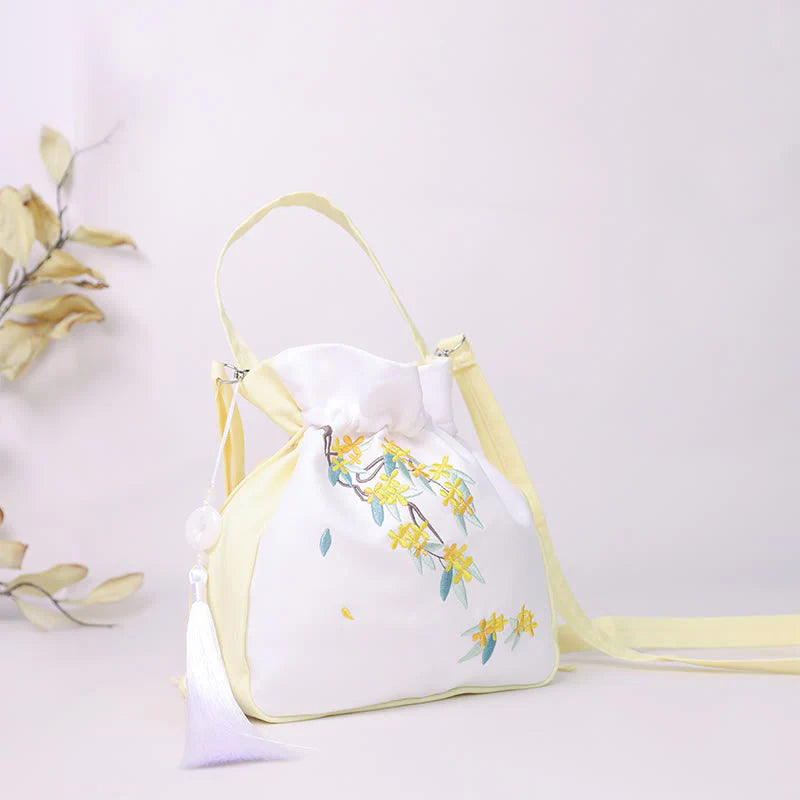 Buddha Stones Embroidered Osmanthus Peony Grape Cat Cotton Linen Tote Crossbody Bag Shoulder Bag Handbag