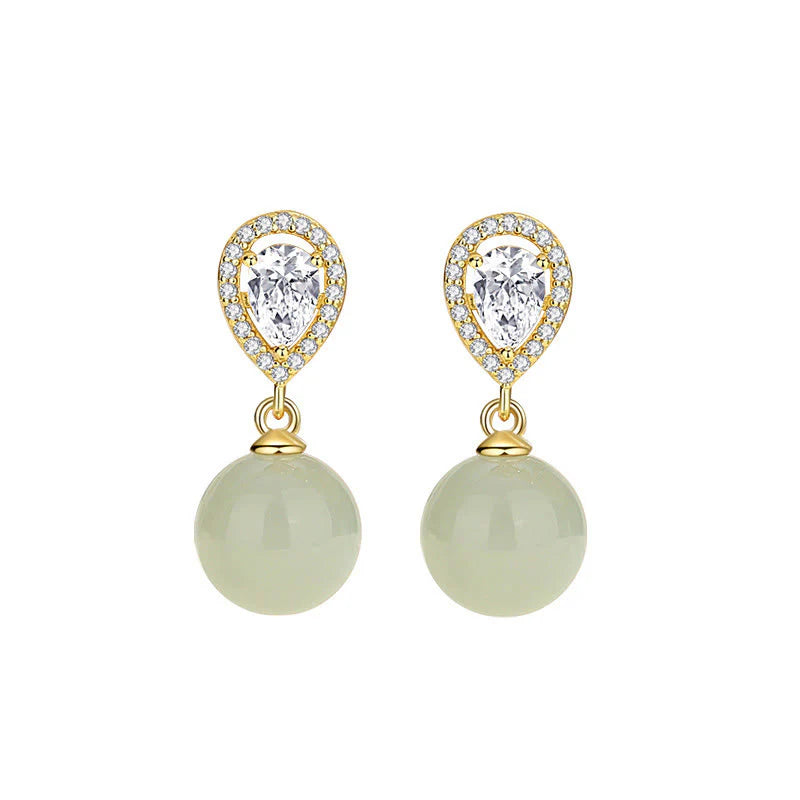Buddha Stones 925 Sterling Silver Waterdrop Design Hetian Jade Bead Prosperity Earrings