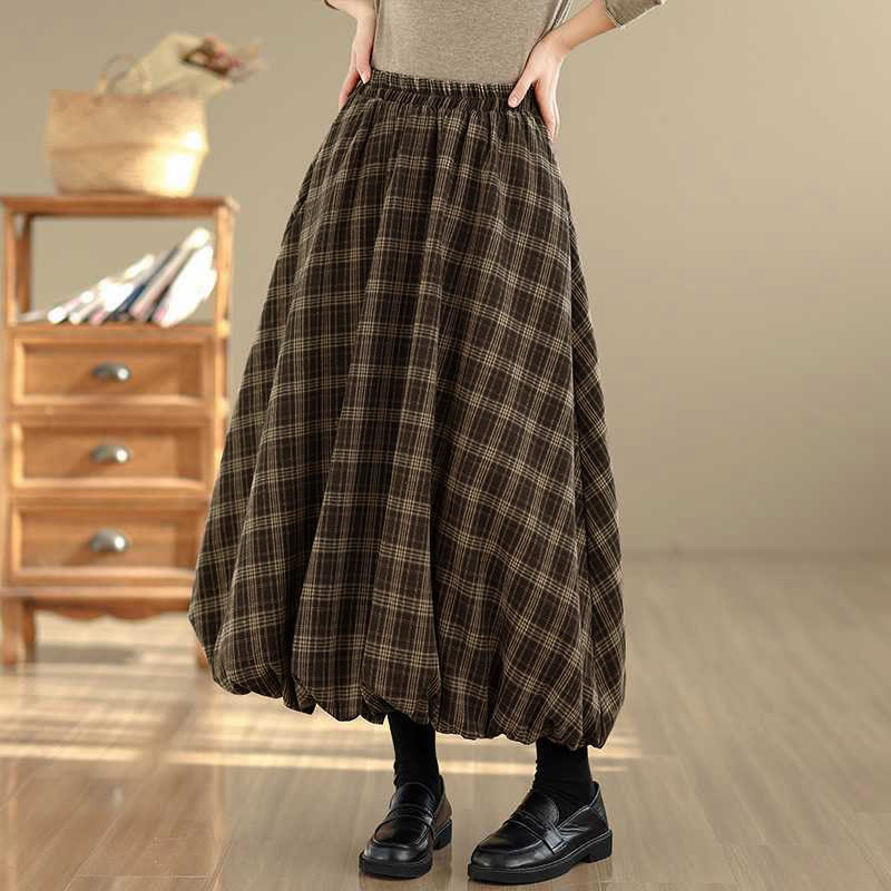 Buddha Stones Women's Plaid Pattern Cotton Skirt With Pockets
