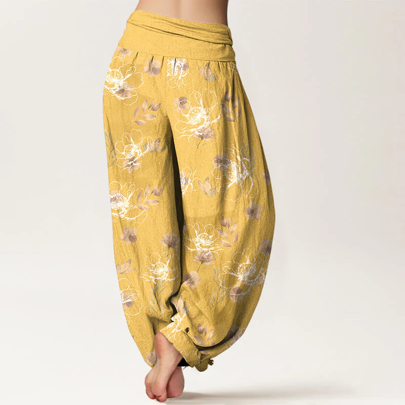 Buddha Stones Cotton Exquisite Retro Flower Pattern Women's Elastic Waist Harem Pants