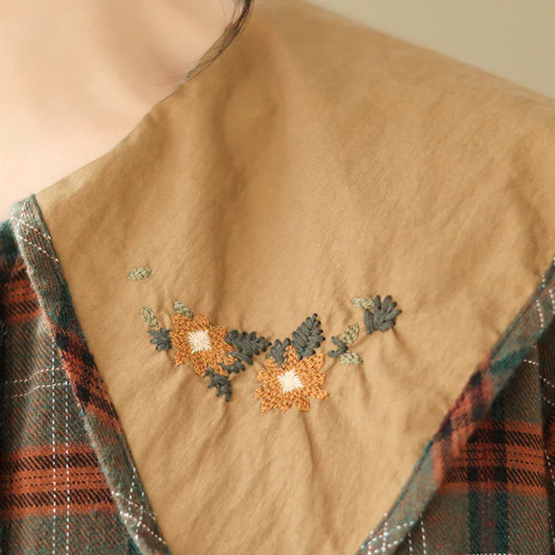 Buddha Stones Embroidered Plaid Pattern Cotton Women's Shirt