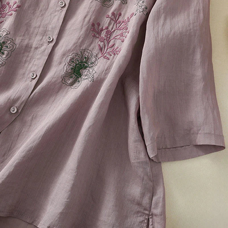 Buddha Stones Embroidery Pleated Design Stand Collar Three Quarter Sleeve Side Slit Hem Women's Cotton Shirt