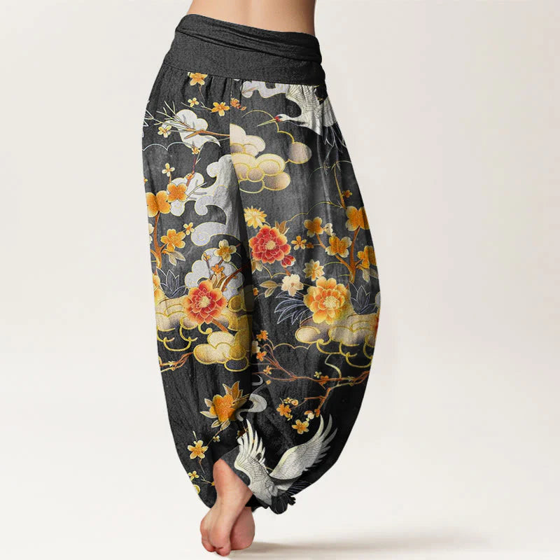 Buddha Stones Cotton Auspicious Clouds White Cranes Red Flowers Pattern Design Women's Elastic Waist Harem Pants