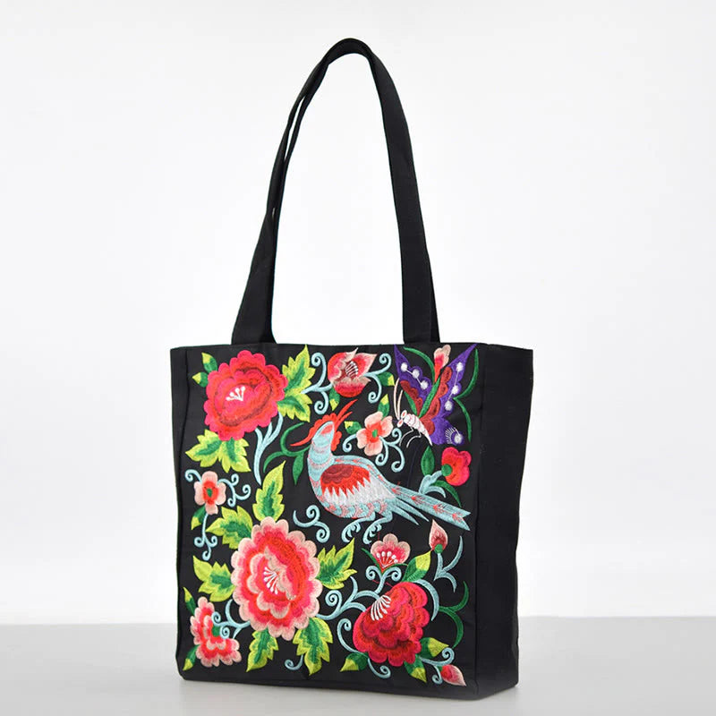 Buddha Stones Galsang Magpie Peony Camellia Chrysanthemum Embroidery Canvas Shopping Purse Handbag Shoulder Bag