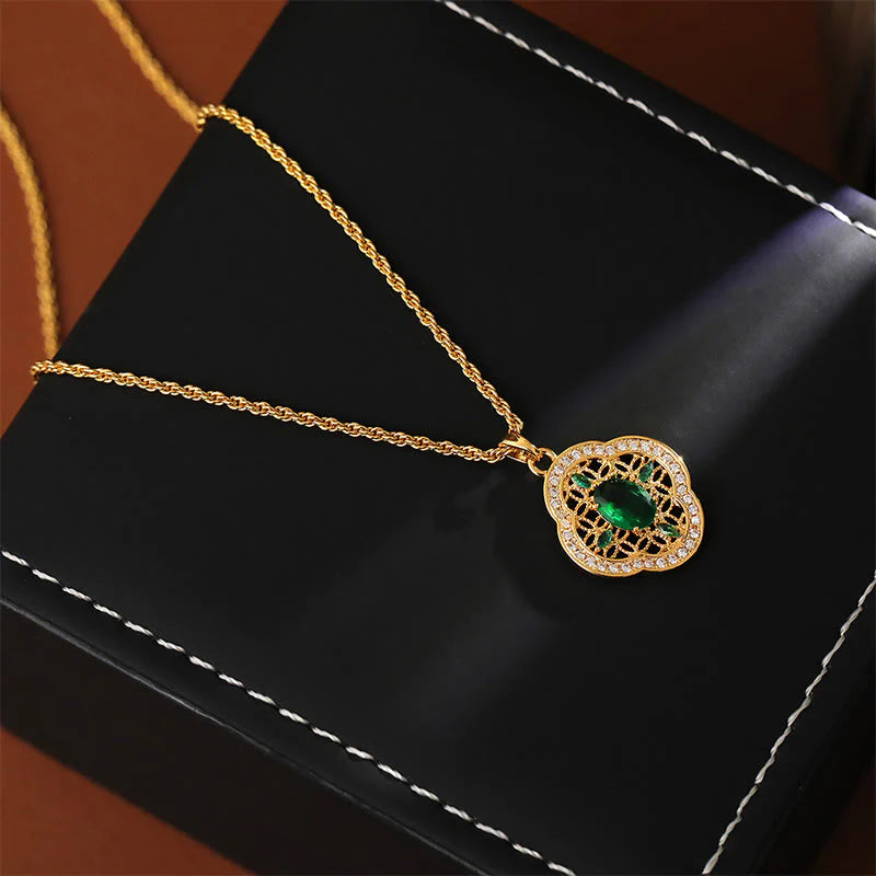 Buddha Stones Four Leaf Clover Hollow Design Copper Plated Gold Chain Luck Necklace Pendant