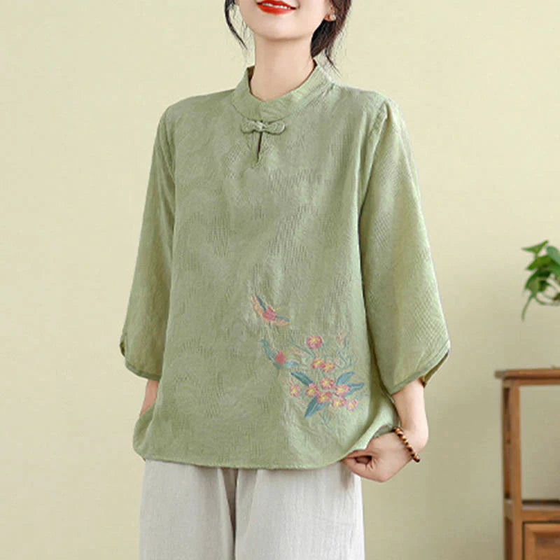 Buddha Stones Flower Embroidery Three Quarter Sleeve One Frog-Button Mandarin Collar Cotton Women's Shirt