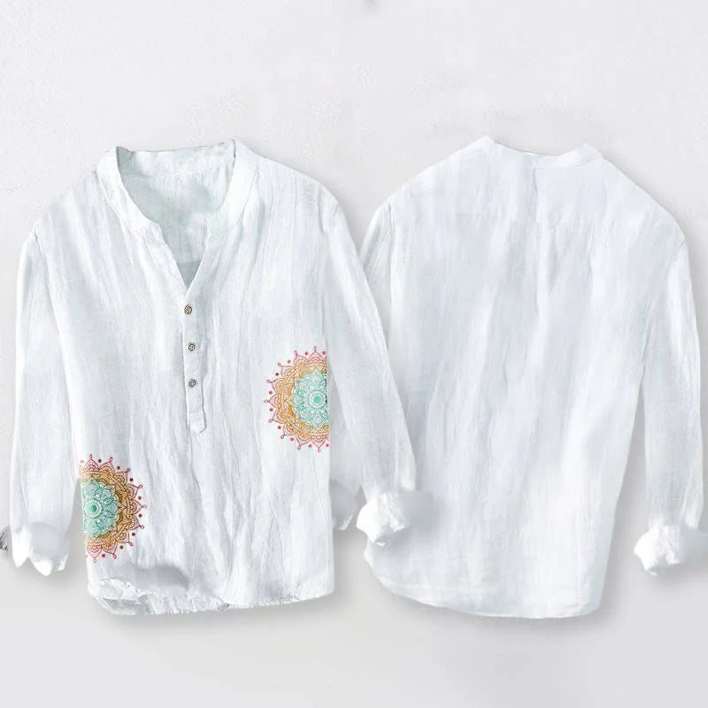 Buddha Stones Colorful Mandala Pattern Half Buttons Men's Cotton Linen Long Sleeve Shirt