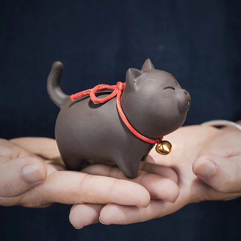 Buddha Stones Mini Lovely Cat Tea Pet Purple Clay Figurine Desk Decoration