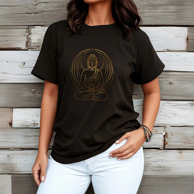 Buddha Stones Golden Meditation Buddha Halo Holding A Lotus Flower Tee T-shirt