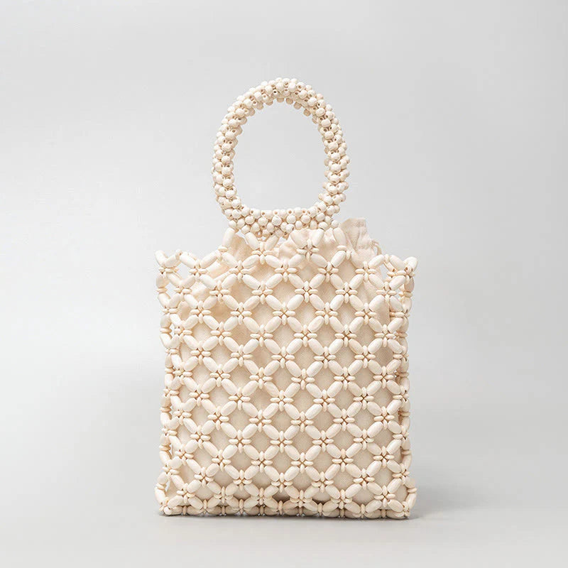 Buddha Stones Hand-woven Lozenge Wooden Beads Handbag