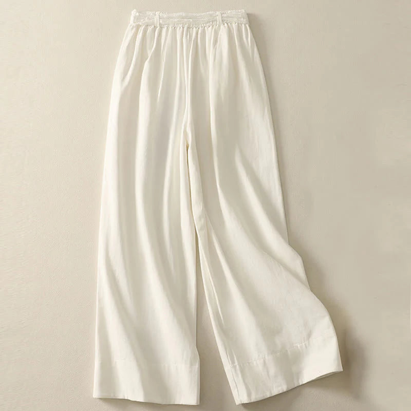 Buddha Stones Daily Solid Color Lace Belt Women's Wide Leg Cotton Pants With Pockets