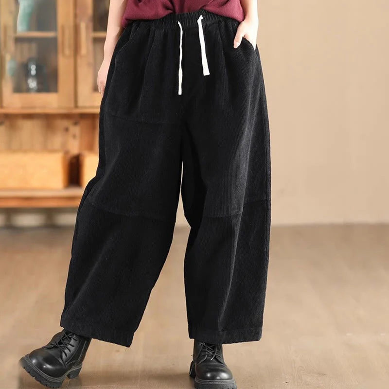 Buddha Stones Women's Drawstring Design Cotton Corduroy Thermal Fleece-Lined Pants With Pockets