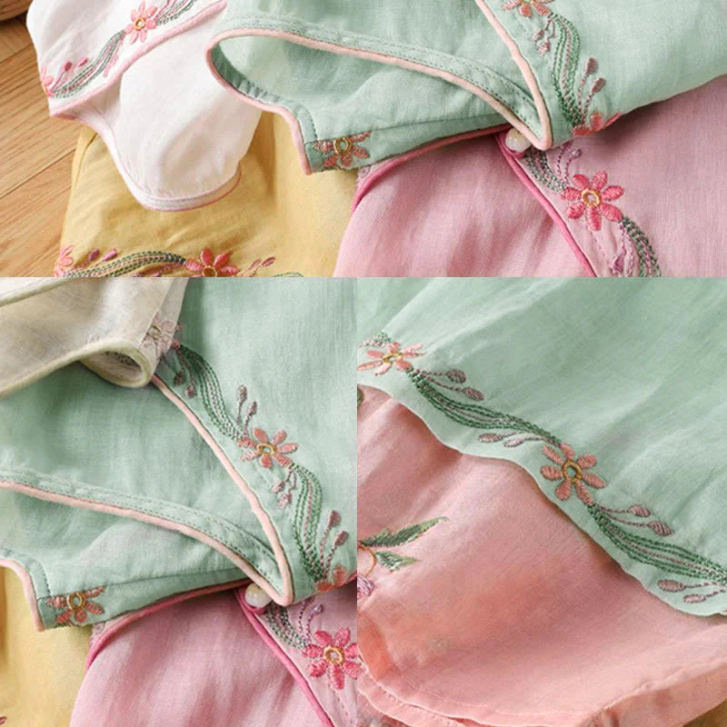 Buddha Stones Stand Collar Embroidery Button Design Three Quarter Sleeve Women's Shirt