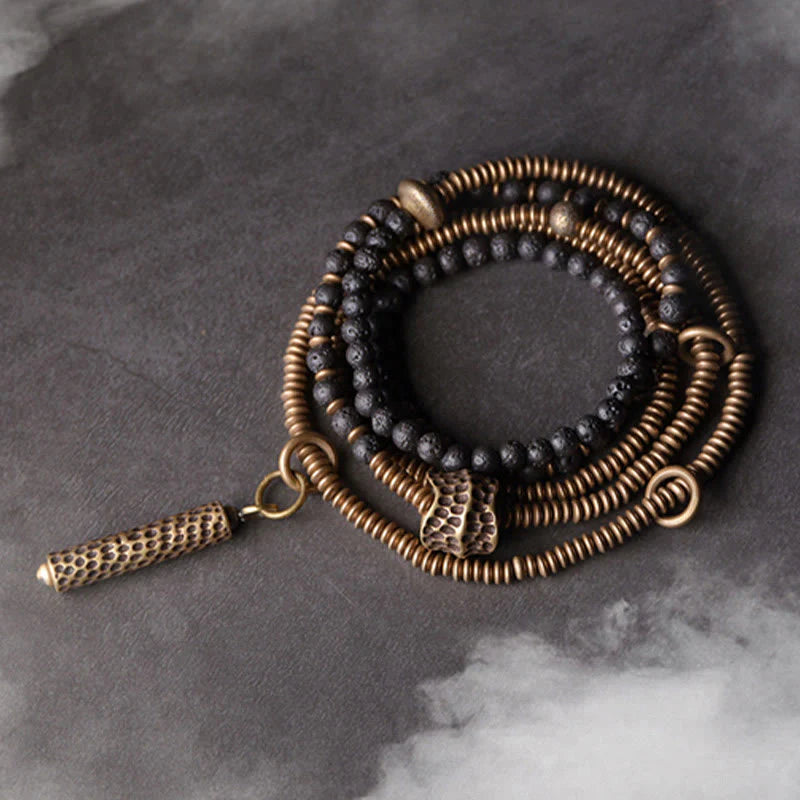 Buddha Stones Vintage Lava Rock Brass Copper Healing Multilayered Bracelet