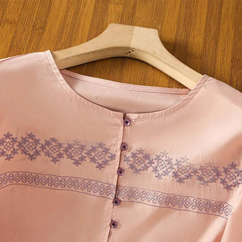 Buddha Stones Embroidery Pleated Buttons Long Lantern Sleeve Women's Cotton Shirt