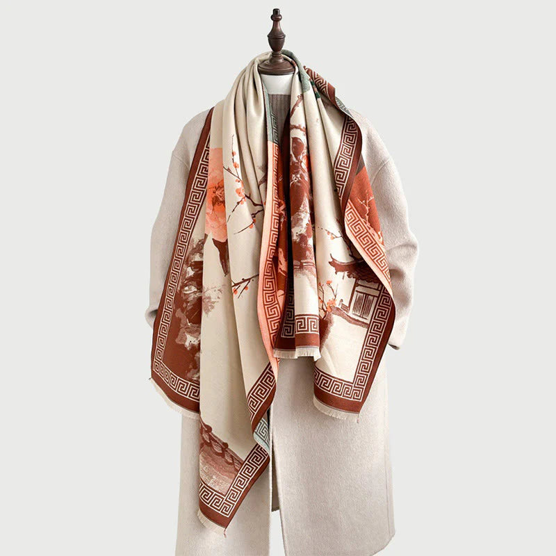 Buddha Stones Fall Plum Blossom Eaves Ink Painting Pattern Cozy Scarf Shawl