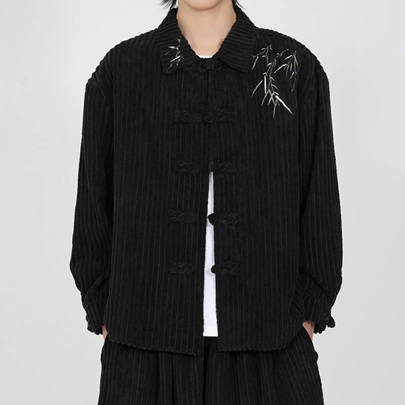 Buddha Stones Embroidery Bamboo Pattern Frog-Button Desgin Long Sleeve Men's Cotton Corduroy Jacket