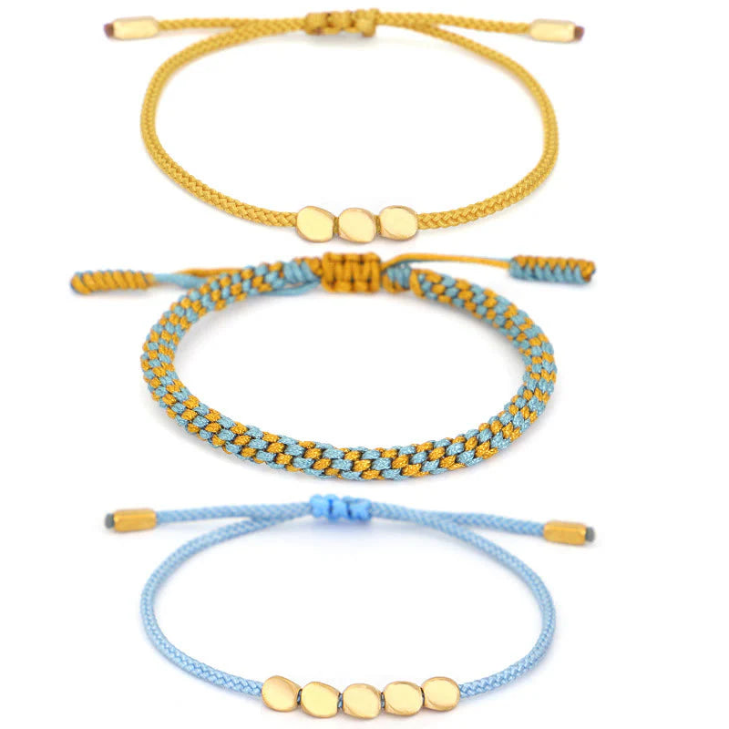 Buddha Stones 3Pcs Blue Yellow String Golden Copper Beads Healing Bracelet