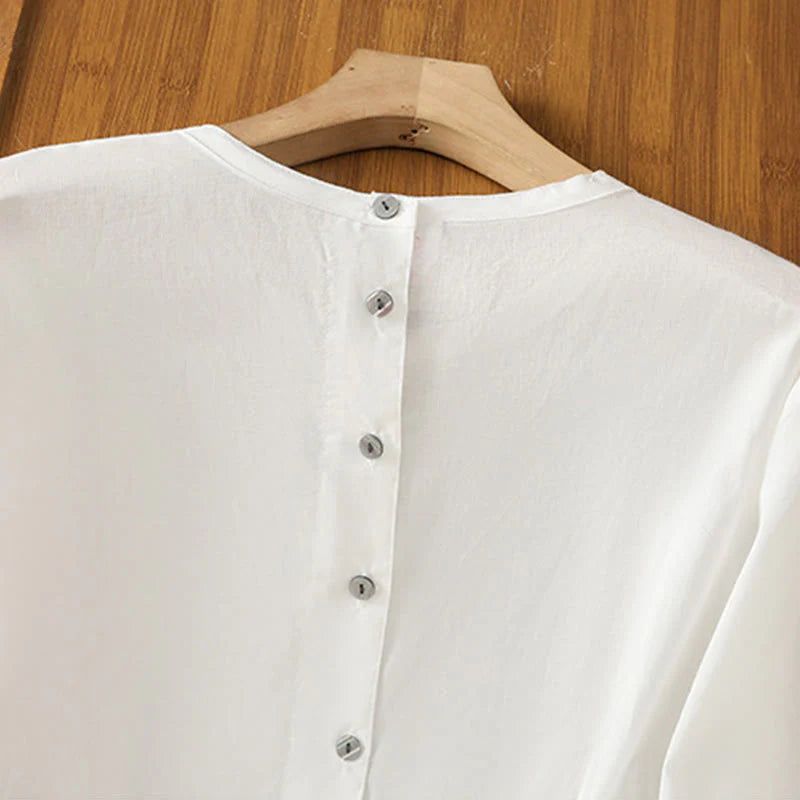 Buddha Stones Plain Lace Hem Single Breasted Button Cotton Linen Three Quarter Sleeve Women's Crew Neck Shirt