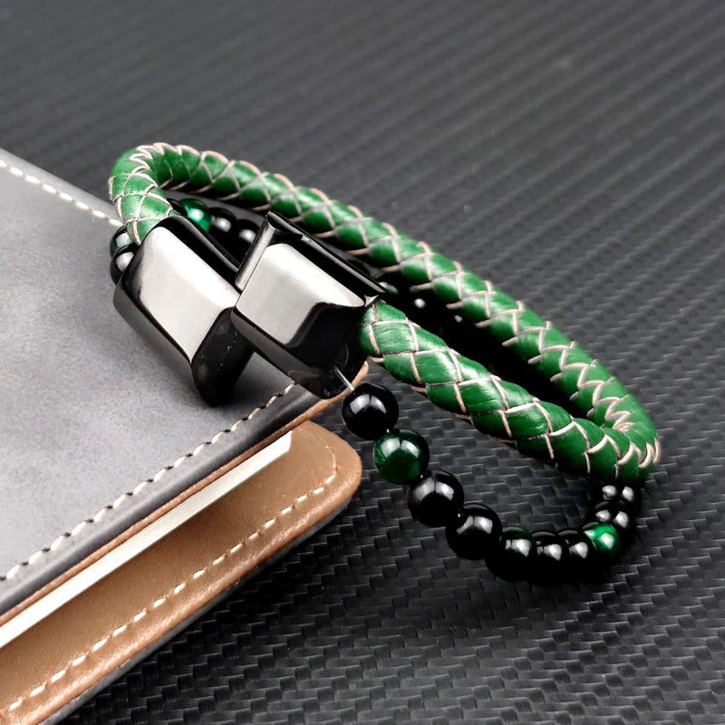Buddha Stones Green Tiger Eye Double Wrap Braided Leather Strength Bracelet