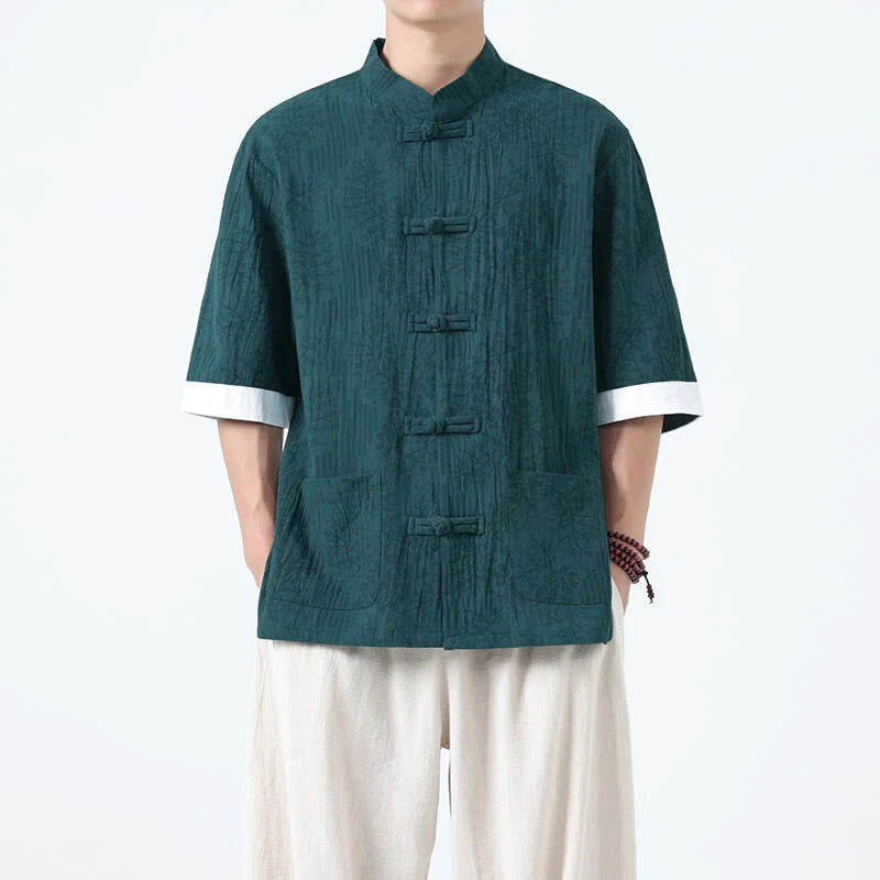Buddha Stones Summer Flowers Grass Pattern Tang Suit Men's Frog-Button Half Sleeve Cotton Shirt With Pockets