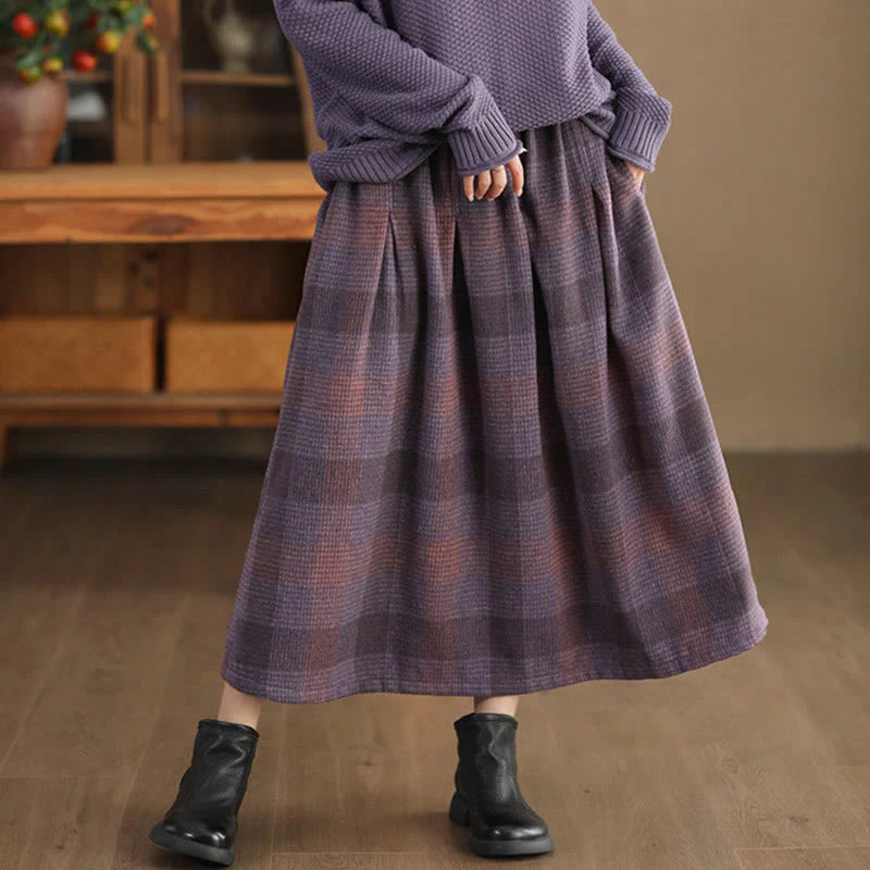 Buddha Stones Women's Winter Plaid Pattern Cotton Thermal 7-8 Length Skirt With Pockets