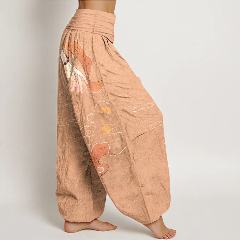 Buddha Stones Pure Cotton Lotus Flower Flowing Ribbons Hand Wearing Prayer Beads Clouds Pattern Women's Elastic Waist Harem Pants