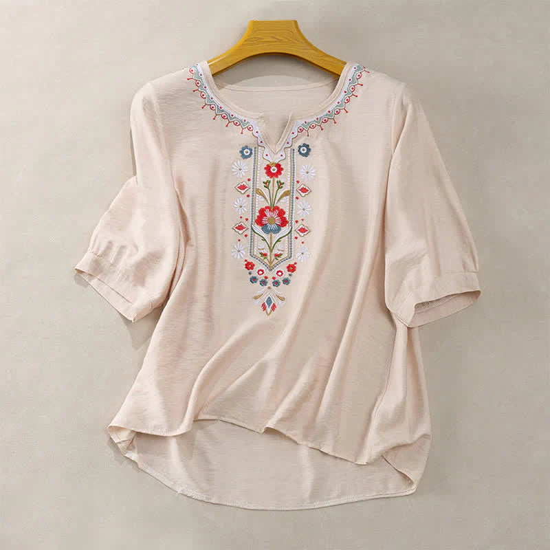 Buddha Stones Spring Boho Embroidered Cotton Linen Elbow-Length Sleeve Women's T-Shirts