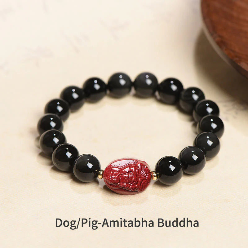 Buddha Stones Chinese Zodiac Natal Buddha Natural Black Obsidian Cinnabar Purification Bracelet (Extra 35% Off | USE CODE: FS35)