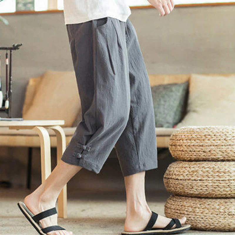 Buddha Stones Crane Embroidery Cotton Men's Cropped Harem Pants With Pockets
