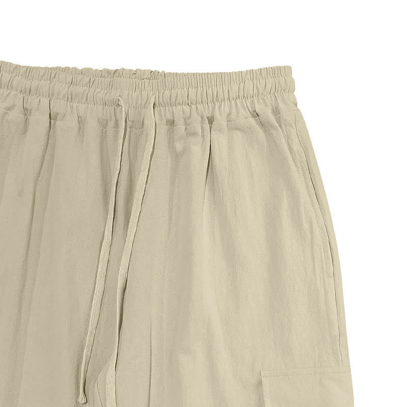 Buddha Stones Solid Color Linen Drawstring Men's Cargo Pants With Pockets