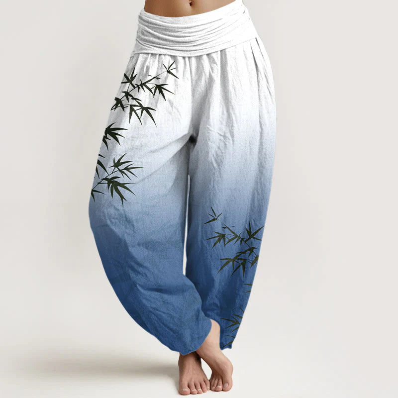 Buddha Stones Casual Bamboo Leaves Gradient Pattern Pure Cotton Women's Elastic Waist Harem Pants
