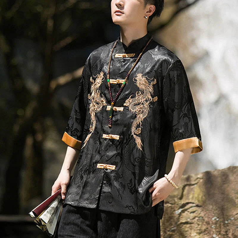 Buddha Stones Embroidered Dragon Pattern Colorblock Design Tang Suit Men's Frog-Button Half Sleeve Shirt