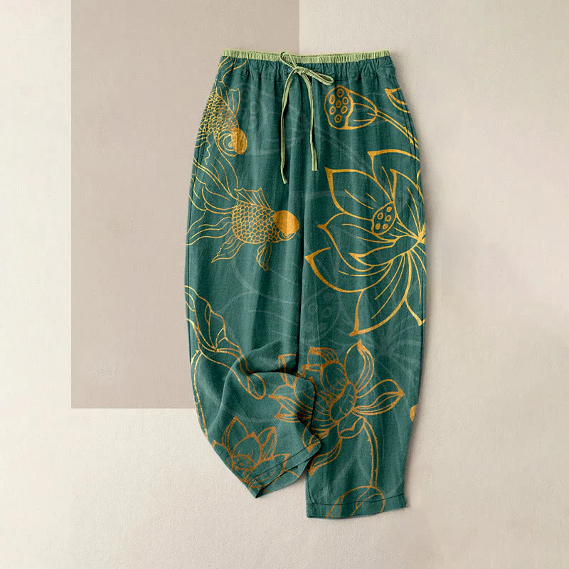 Buddha Stones Cotton Casual Lotus Leaf Koi Fish Pattern Women's Elastic Waist Pants With Pockets