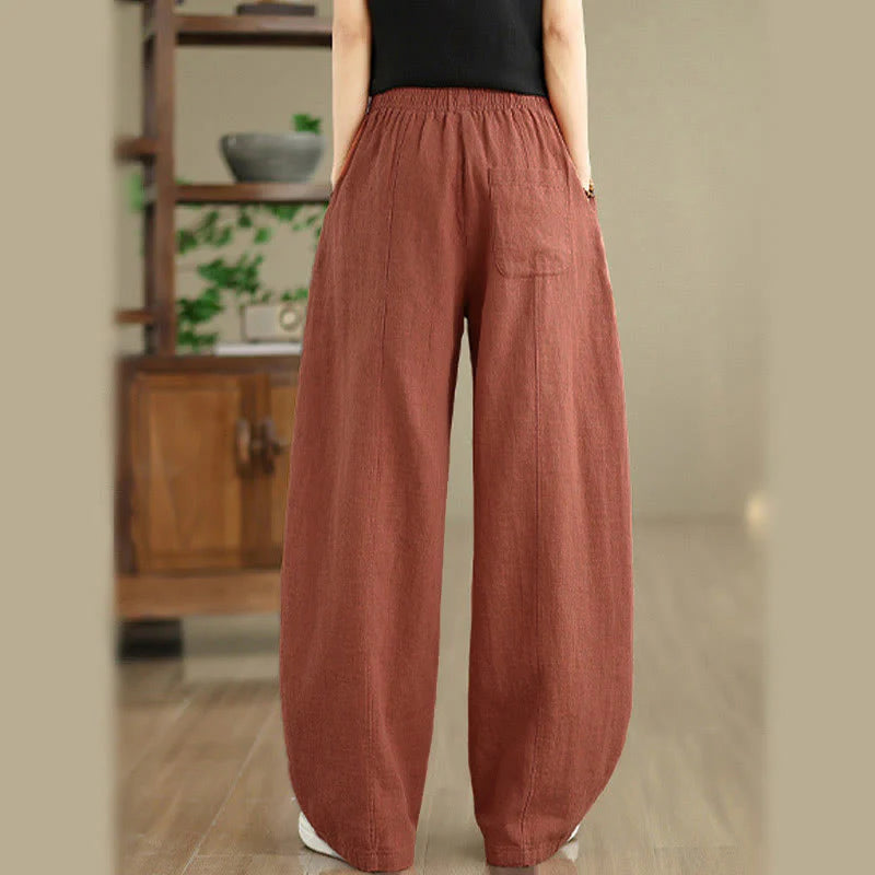 Buddha Stones Solid Color Cotton Linen Women's Straight Leg Pants With Pockets